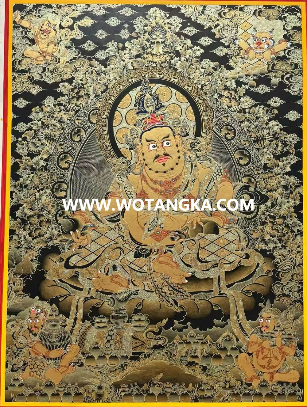 ｜已结缘·可定制｜唐卡寄卖编号：JM·189-396518-黄财神黑金云纹药叉献宝吉祥财富供养图（黑唐）