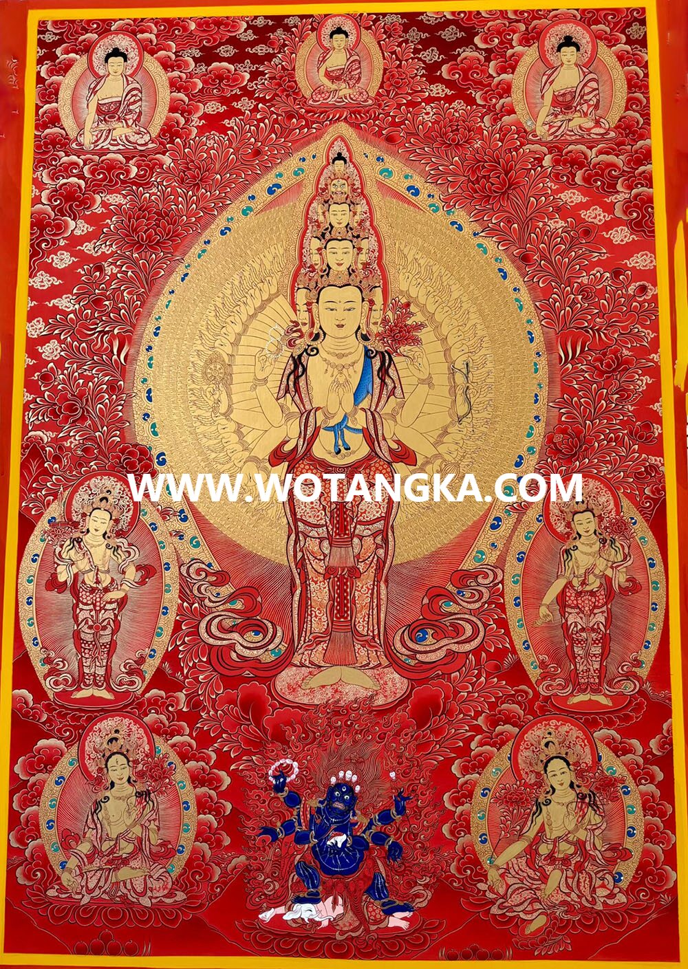 ｜已结缘·可定制｜唐卡寄卖编号：JM·189-417925-千手观音三怙主二度母天界三世佛吉祥平安供养图（红唐）