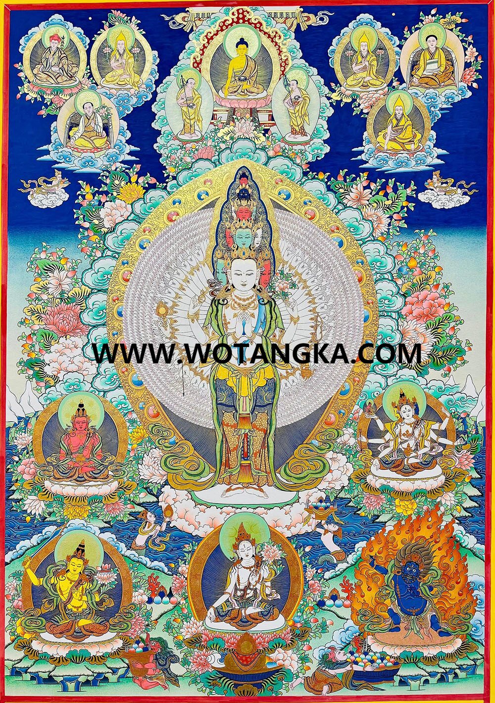 ｜已结缘·可定制｜唐卡寄卖编号：JM·189-429768-千手观音三怙主白度母吉祥长寿平安如意供养图（彩唐）