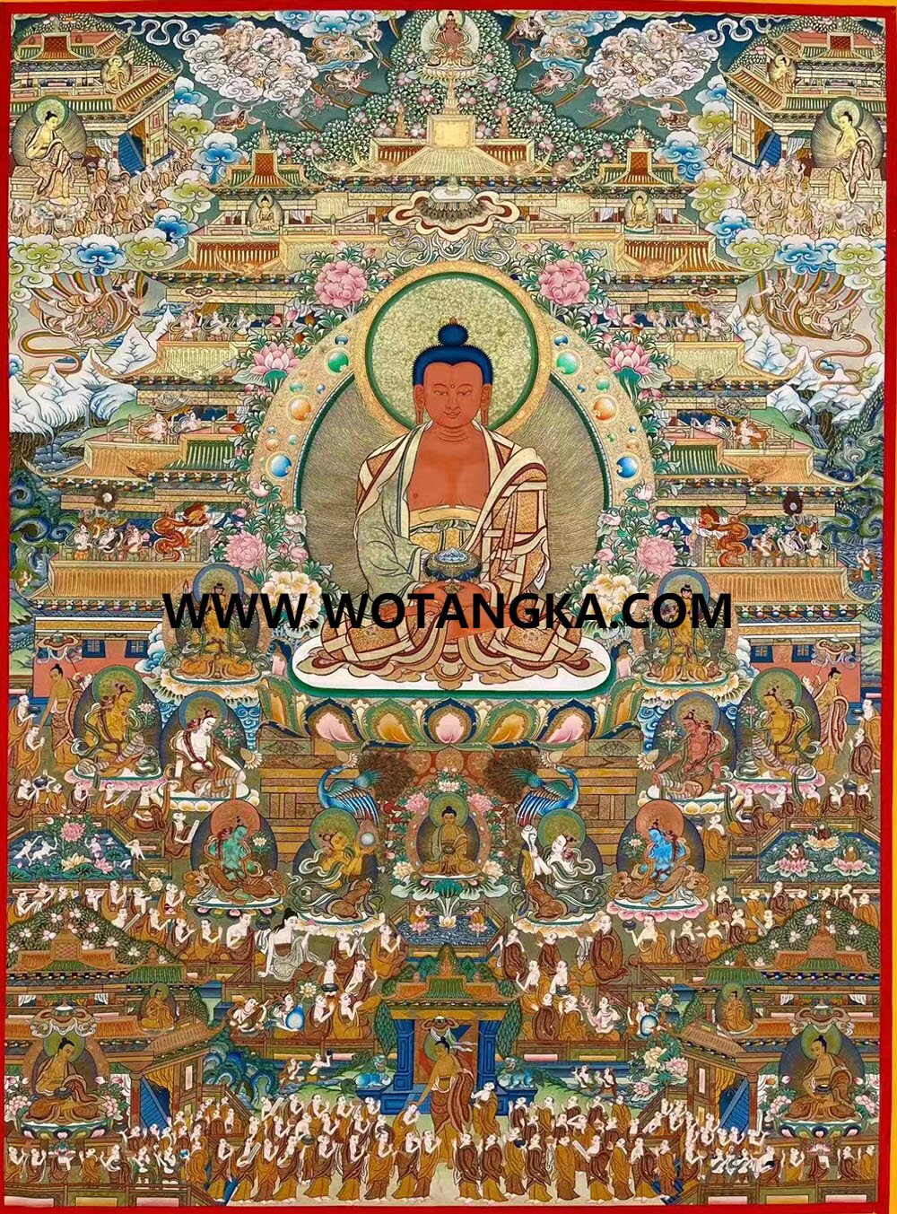 ｜待结缘·可恭请｜唐卡寄卖编号：JM·189-496137-阿弥陀佛西方极乐净土诸天菩萨平安吉祥供养图（彩唐）