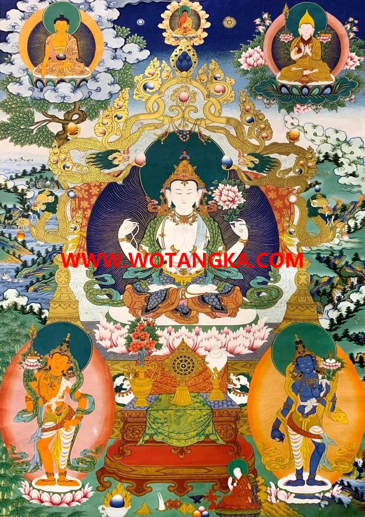 沃唐卡编号AC56739：四臂观音雪域三怙主