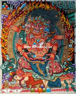 编号118-9274368：彩绘小唐卡-三面六臂红财神（长方形·5*4CM左右）