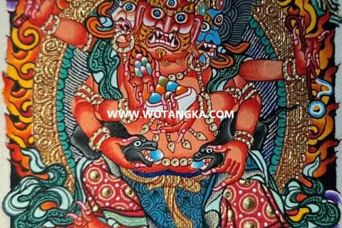 编号118-9274368：彩绘小唐卡-三面六臂红财神（长方形·5*4CM左右）