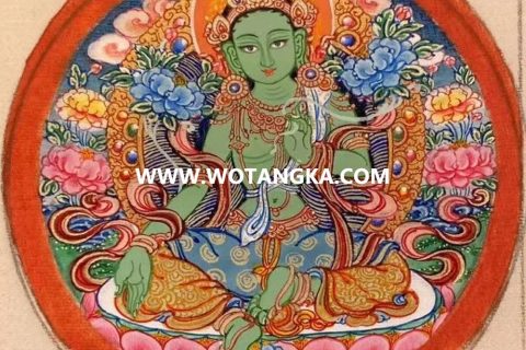 编号118-9825731：彩绘小唐卡-绿度母（圆形·直径3.5CM左右）