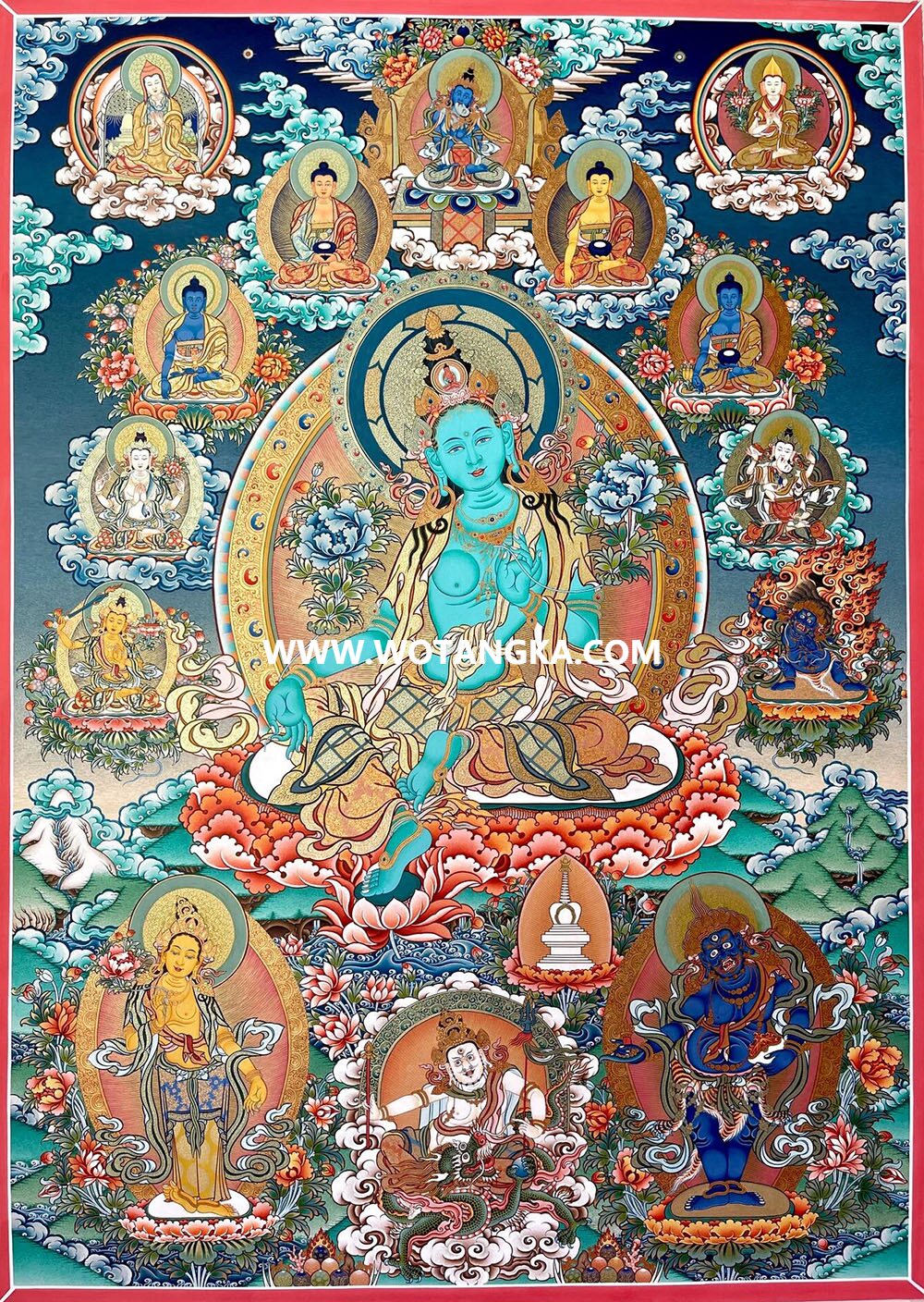 ｜已结缘·可定制｜唐卡寄卖编号：JM·189-496283-绿度母诸天佛菩萨尊二根本上师如意财富平安供养图（彩唐）