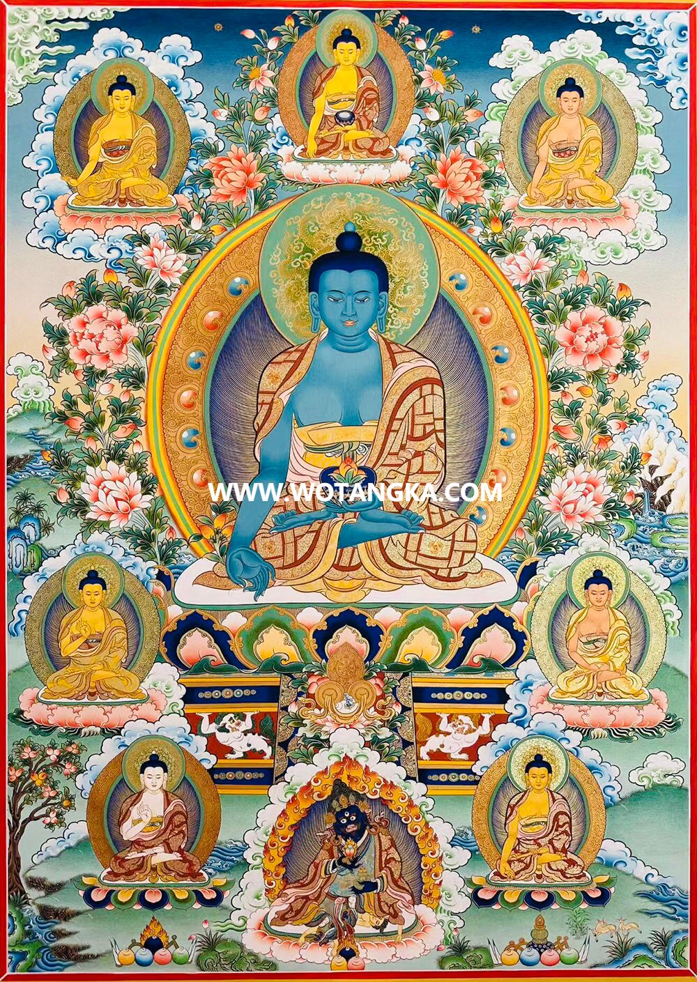 ｜已结缘·可定制｜唐卡寄卖编号：JM·189-496728-药师佛双狮宝座七佛赐尚龙护法吉祥健康供养图（彩唐）