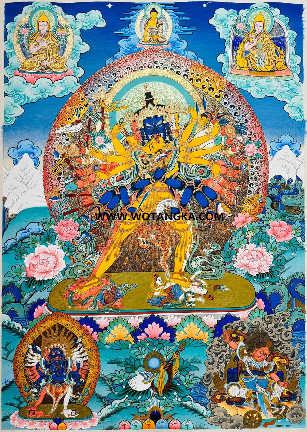 ｜已结缘·可定制｜唐卡寄卖编号：JM·189-517839-时轮金刚天界三上师二胁侍护法吉祥本尊供养图（彩唐）