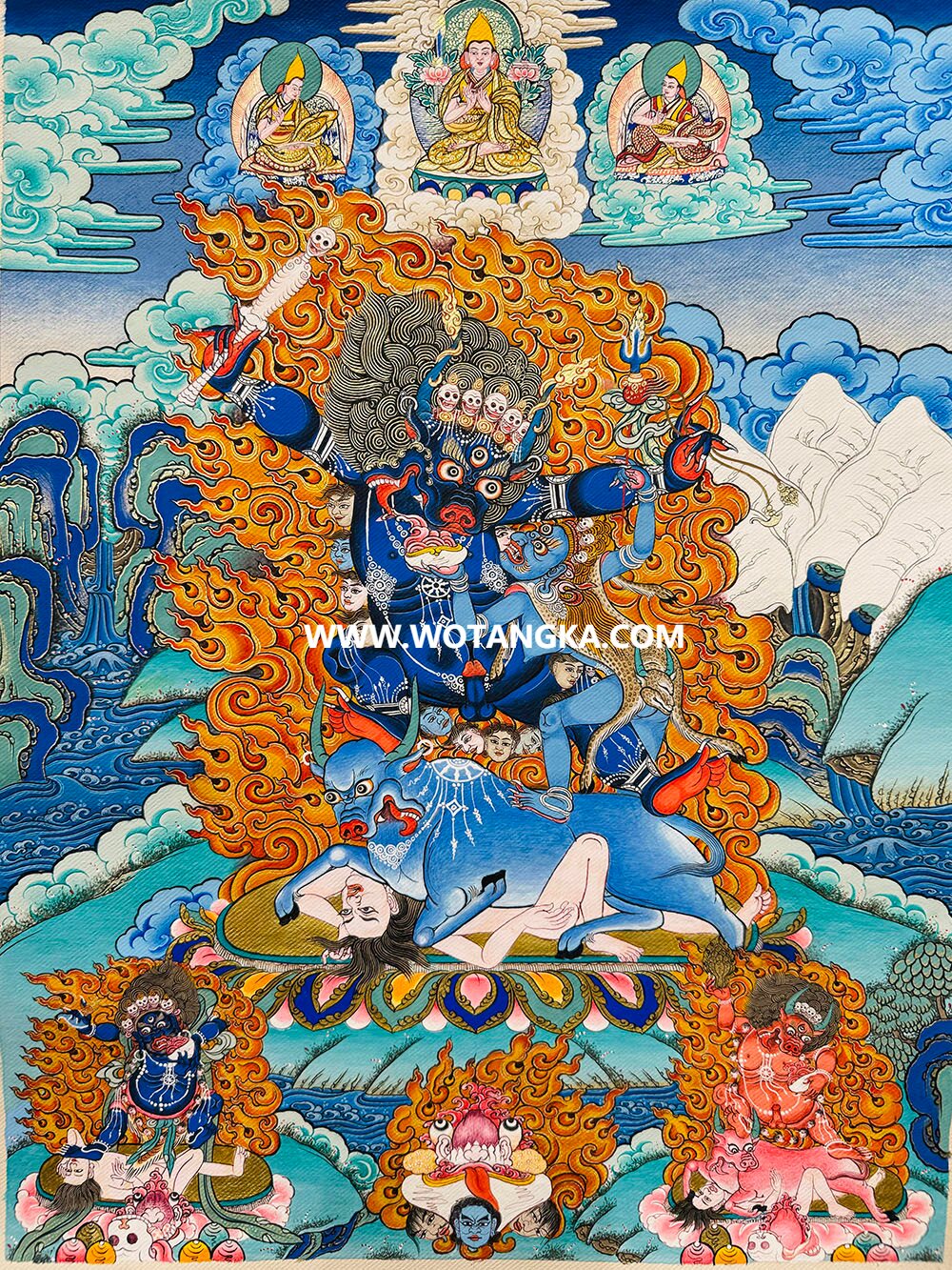 ｜已结缘·可定制｜唐卡寄卖编号：JM·189-517842-阎魔敌法王三阎罗法身格鲁派上师吉祥本尊供养图（彩唐）