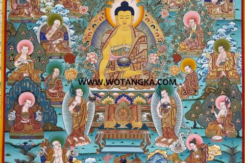 编号189-517894：彩绘唐卡-释迦牟尼佛·十八罗汉·四大天王（120*100CM左右）