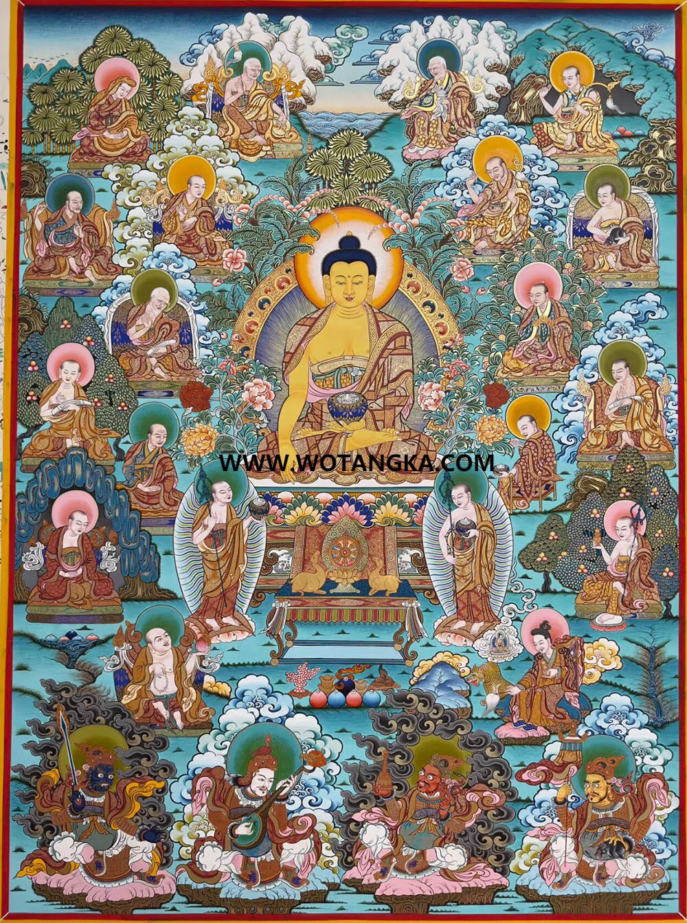 ｜已结缘·可定制｜唐卡寄卖编号：JM·189-517894-释迦牟尼佛十八罗汉与四大天王智慧听法供养图（彩唐）