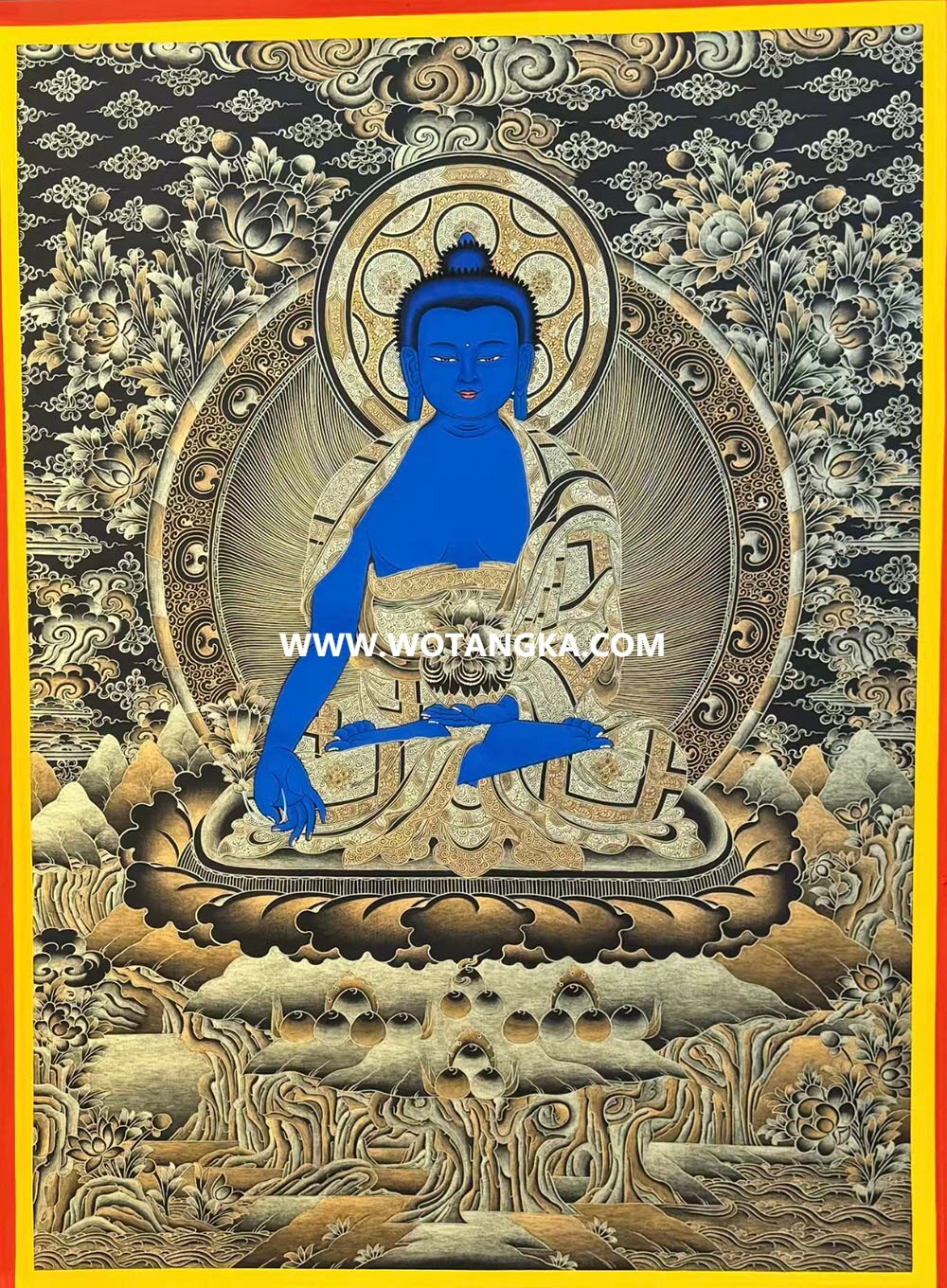 ｜已结缘·可定制｜唐卡寄卖编号：JM·189-619837-药师佛双光金轮吉祥花平安健康供养图（黑唐）