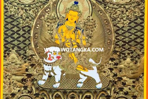 ｜已结缘·可定制｜唐卡寄卖编号：JM·189-628359-文殊菩萨五部文殊众天界三佛黄财神护法智慧财富供养图（黑唐）