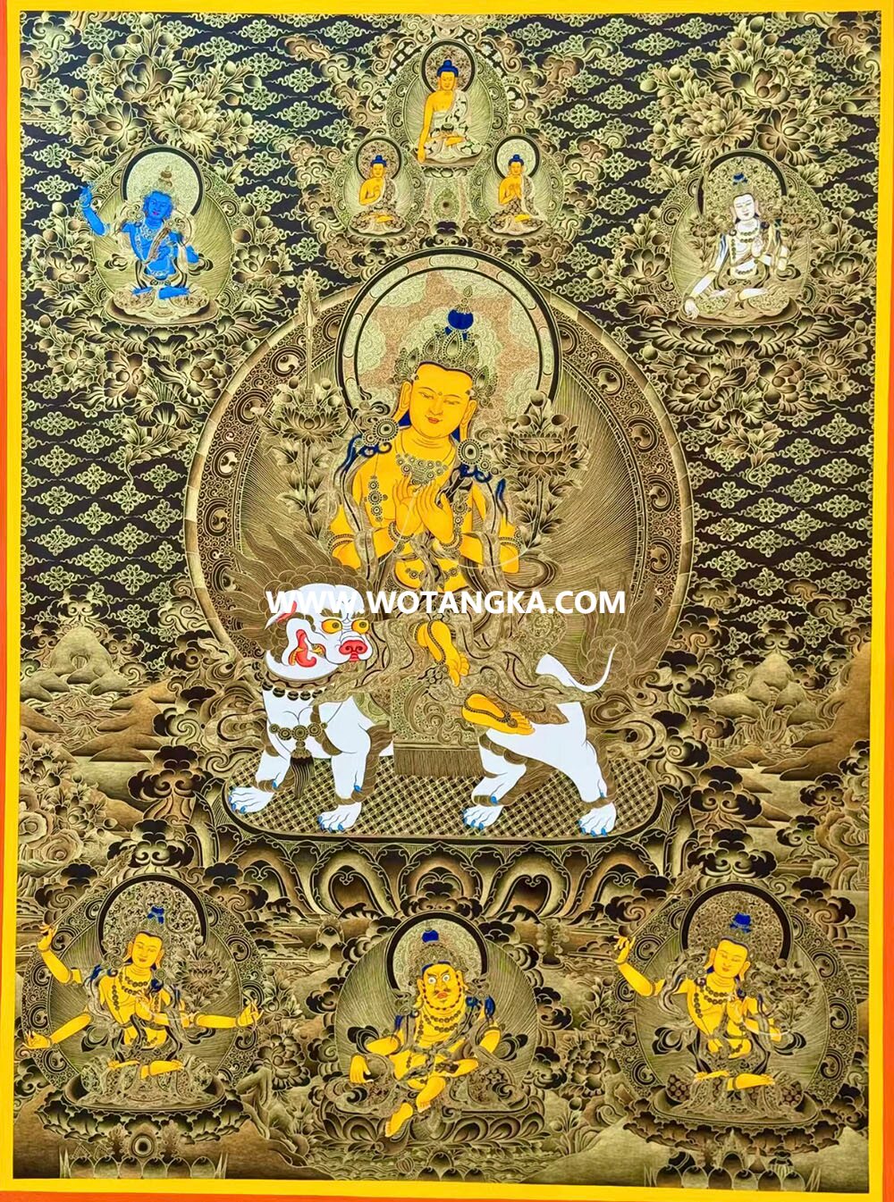 ｜已结缘·可定制｜唐卡寄卖编号：JM·189-628359-文殊菩萨五部文殊众天界三佛黄财神护法智慧财富供养图（黑唐）