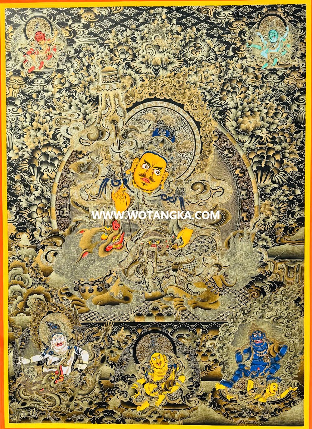 ｜已结缘·可定制｜唐卡寄卖编号：JM·189-628451-财宝天王五路财神众吉祥花平安如意财富供养图（黑唐）