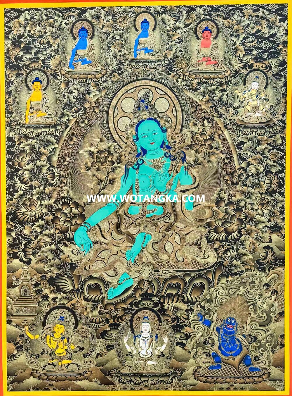 ｜已结缘·可定制｜唐卡寄卖编号：JM·189-628537-绿度母不动三世佛雪域怙主吉祥平安如意供养图（黑唐）