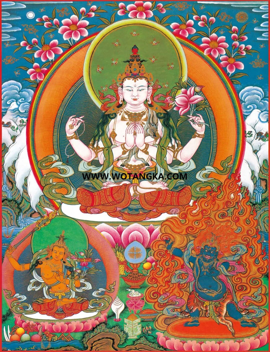 沃唐卡编号AC14286：四臂观音雪域三怙主