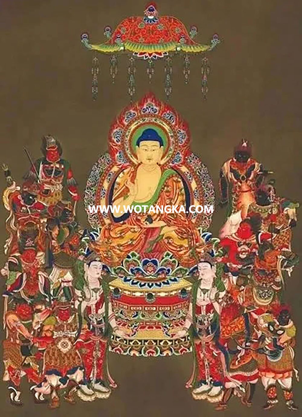 沃唐卡编号AC31527：药师佛三尊与药叉十二大将