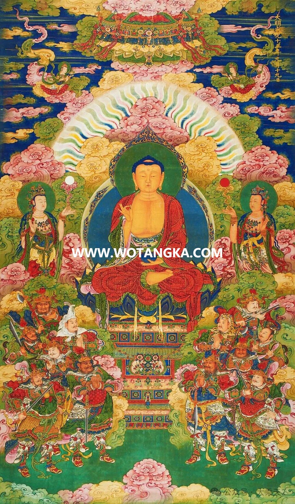 沃唐卡编号AC34159：药师如来三尊与药叉十二神将