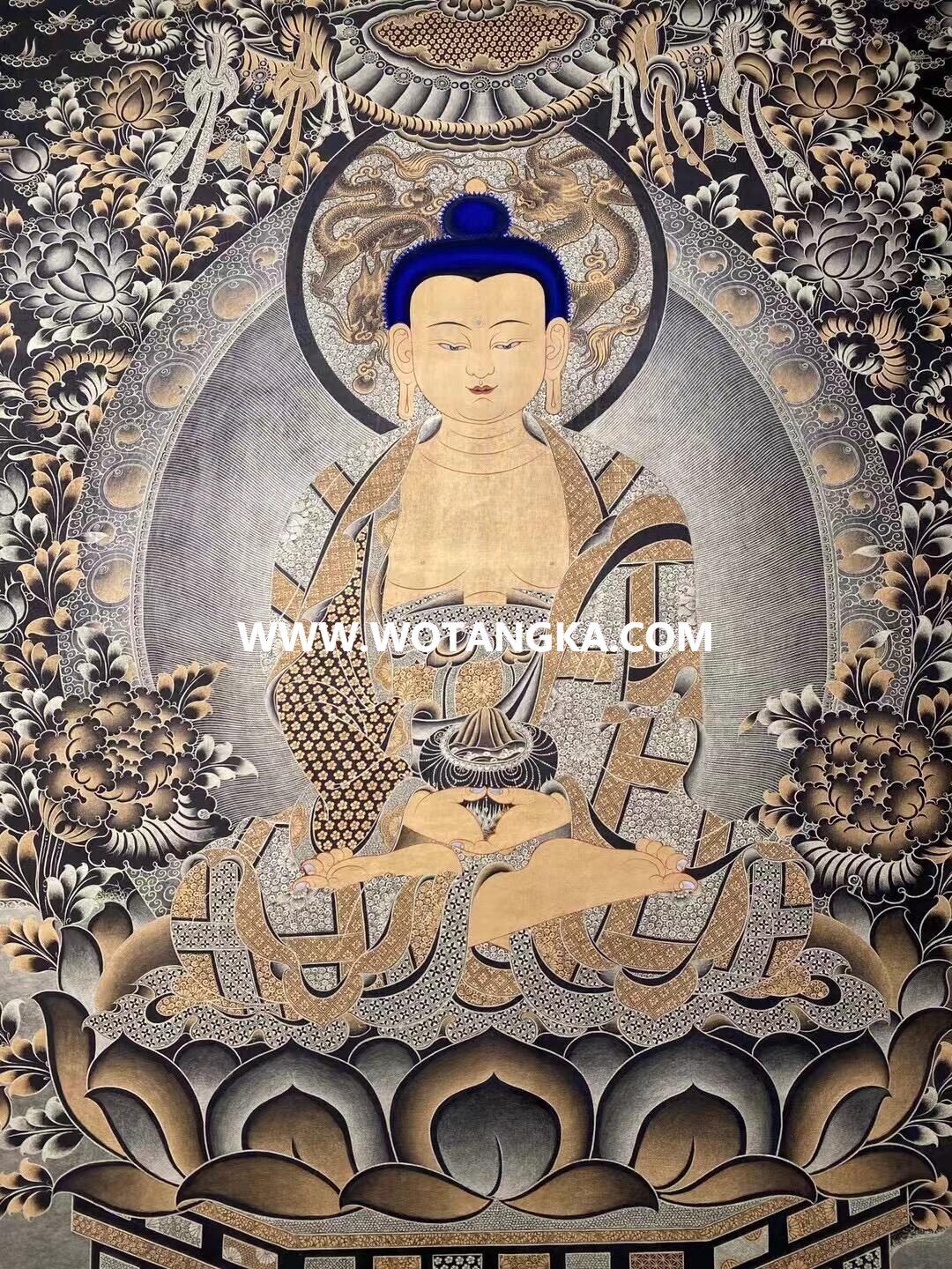 沃唐卡原创编号SG13651：阿弥陀佛西方三圣须弥座吉祥诸天菩萨平安如意供养图