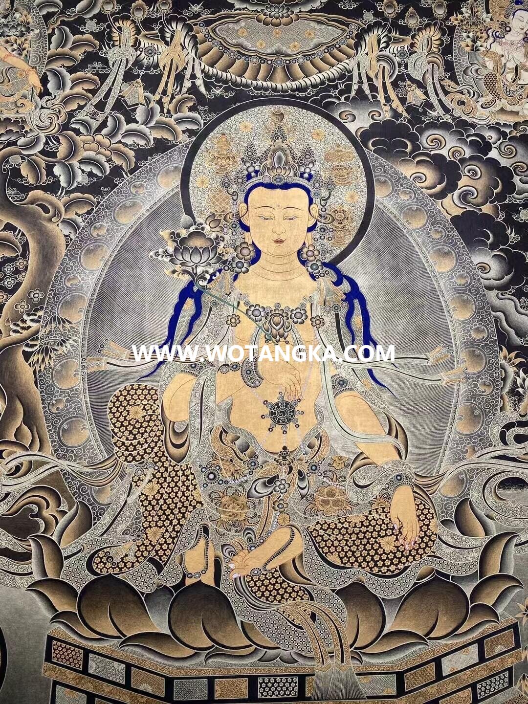 沃唐卡原创编号SG13651：阿弥陀佛西方三圣须弥座吉祥诸天菩萨平安如意供养图