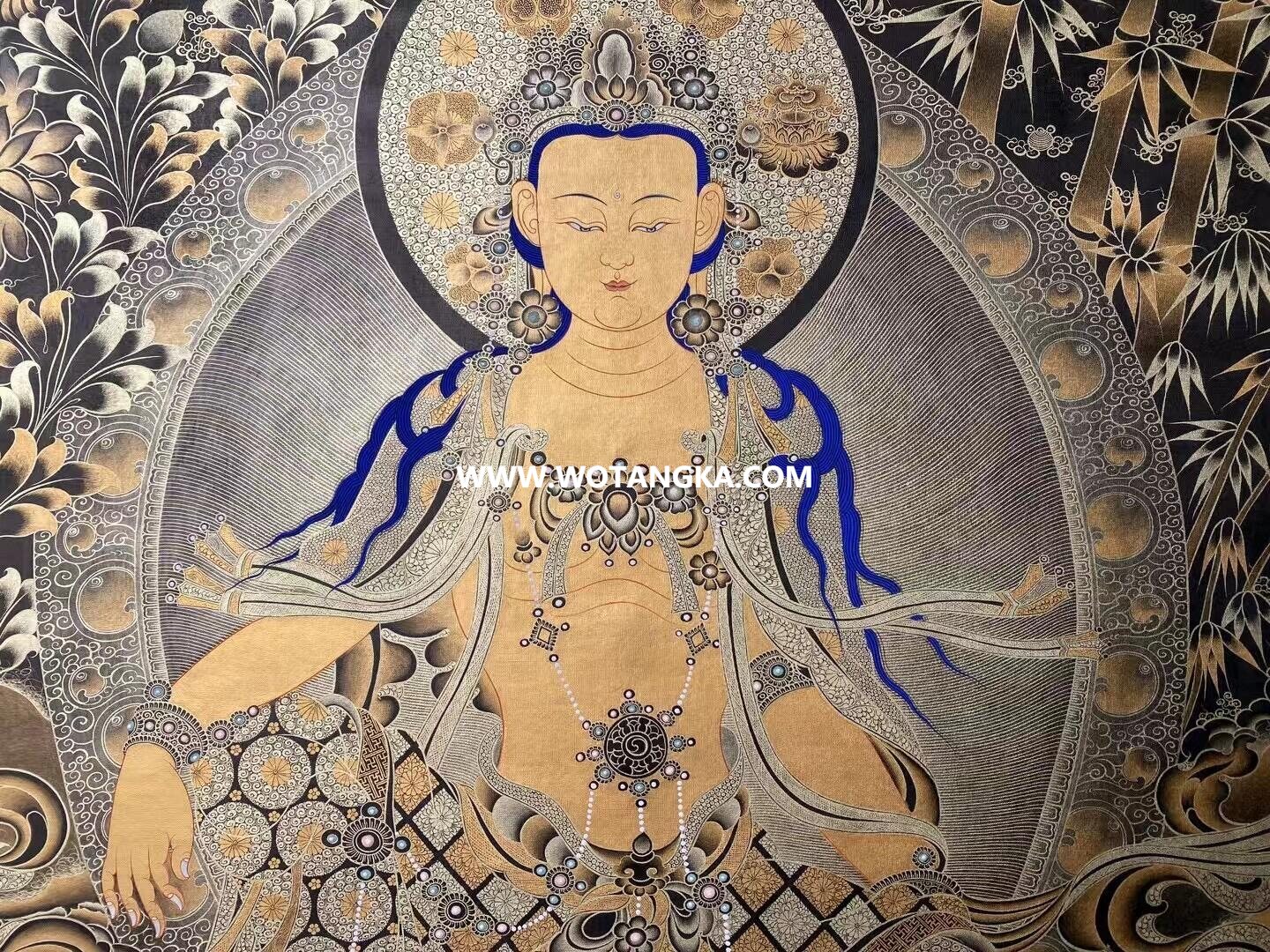 沃唐卡原创编号SG13651：阿弥陀佛西方三圣须弥座吉祥诸天菩萨平安如意供养图