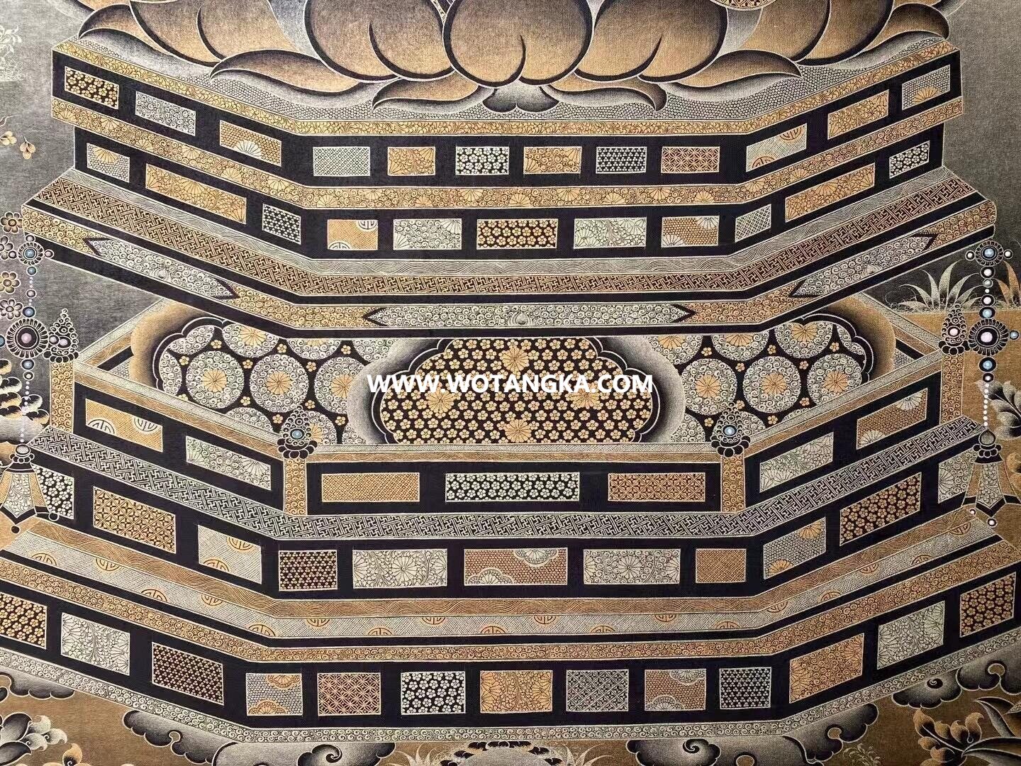 沃唐卡原创编号SG13651：阿弥陀佛西方三圣须弥座吉祥诸天菩萨平安如意供养图