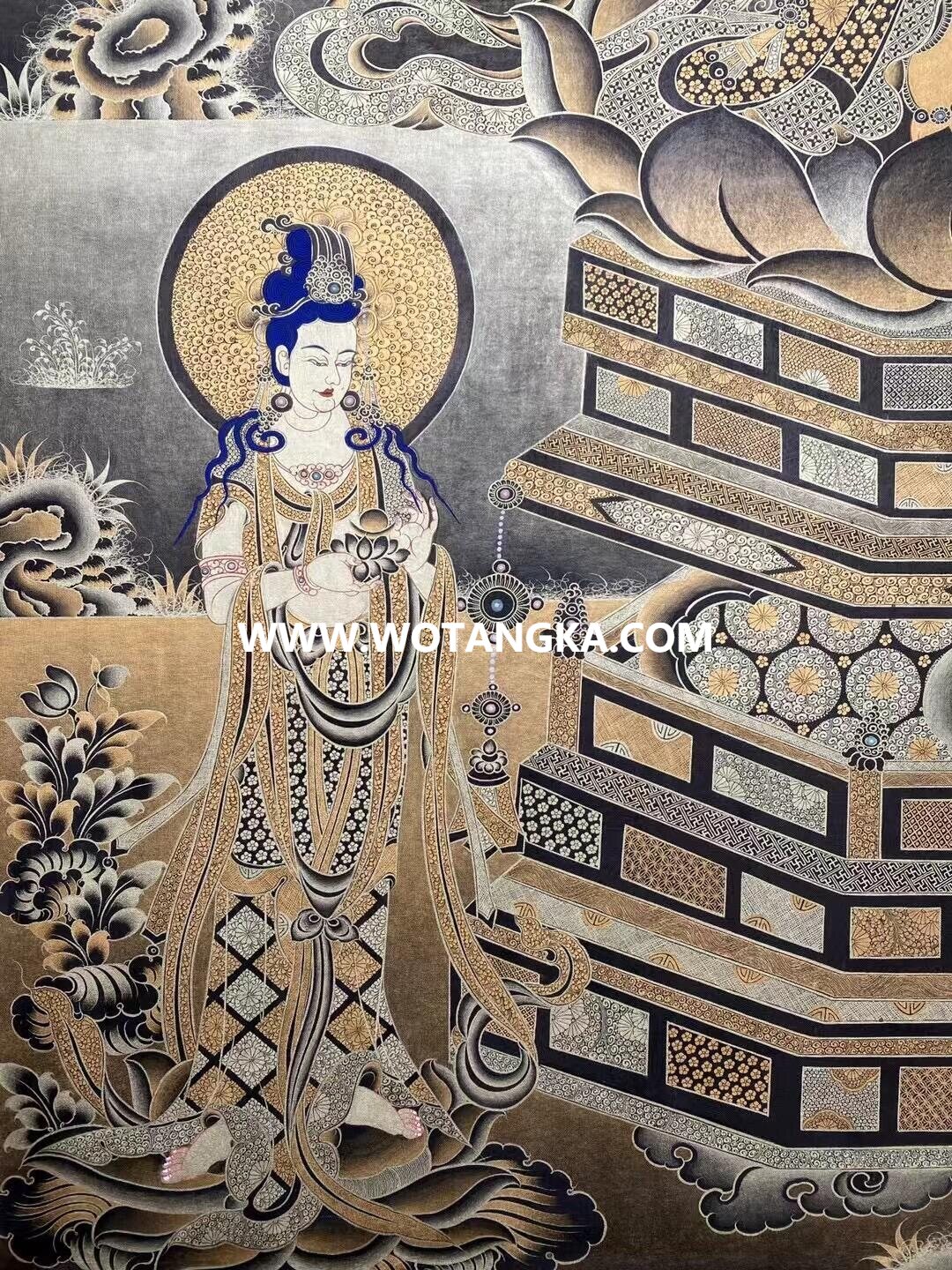 沃唐卡原创编号SG13651：阿弥陀佛西方三圣须弥座吉祥诸天菩萨平安如意供养图