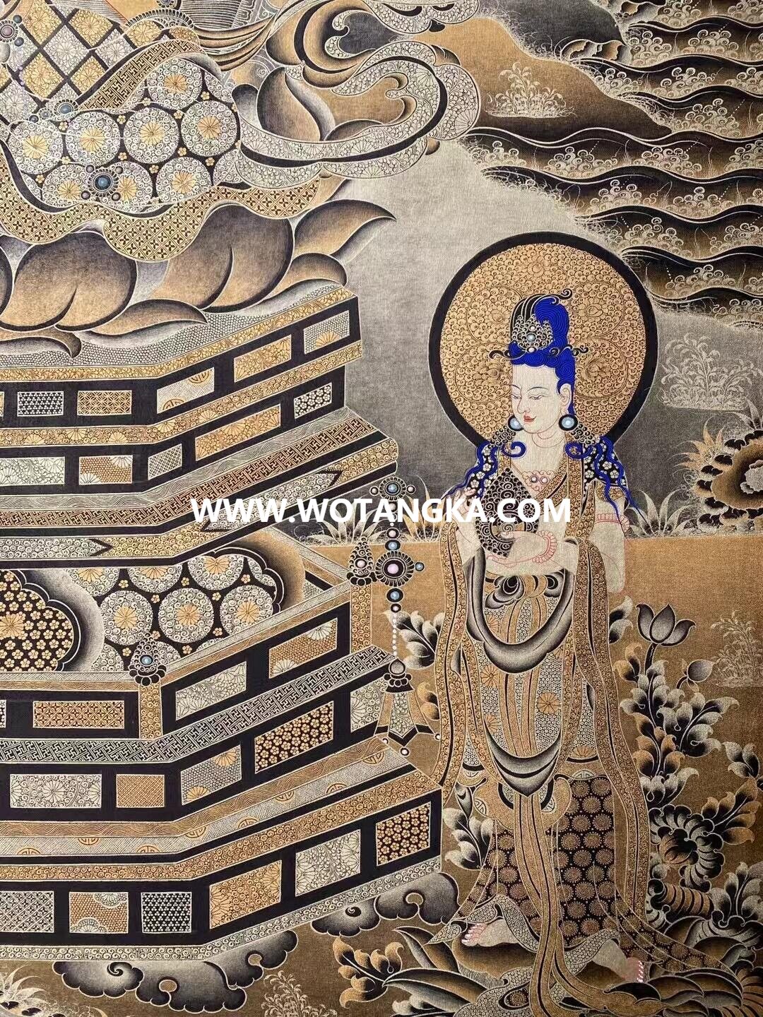 沃唐卡原创编号SG13651：阿弥陀佛西方三圣须弥座吉祥诸天菩萨平安如意供养图