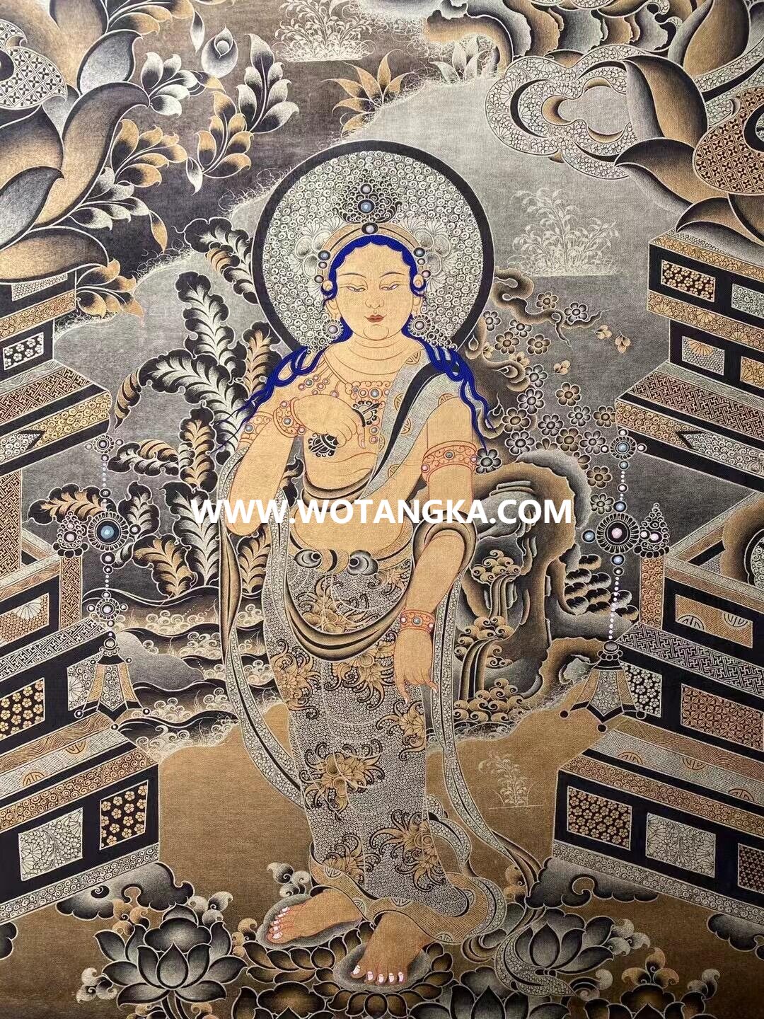 沃唐卡原创编号SG13651：阿弥陀佛西方三圣须弥座吉祥诸天菩萨平安如意供养图