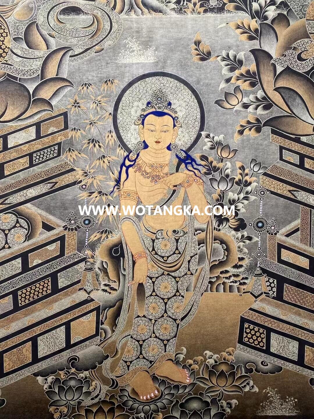 沃唐卡原创编号SG13651：阿弥陀佛西方三圣须弥座吉祥诸天菩萨平安如意供养图