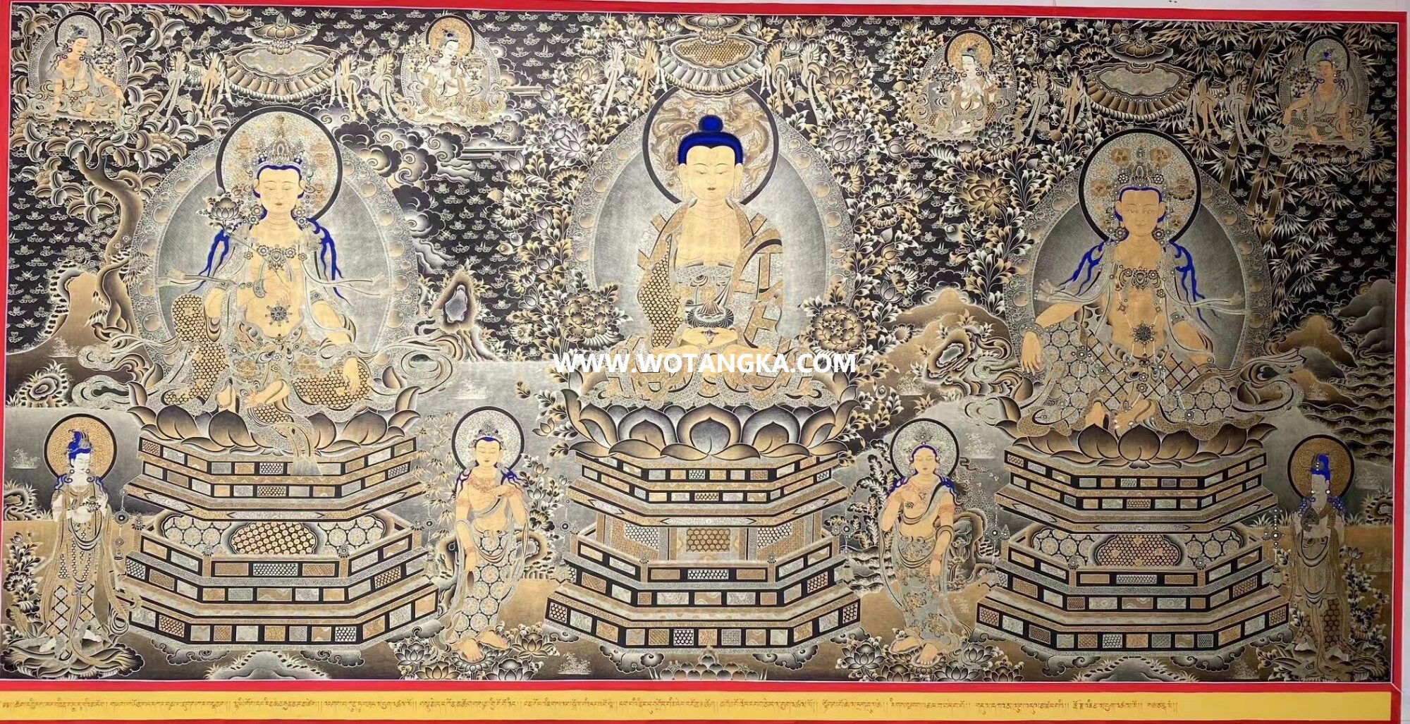 沃唐卡原创编号SG13651：阿弥陀佛西方三圣须弥座吉祥诸天菩萨平安如意供养图