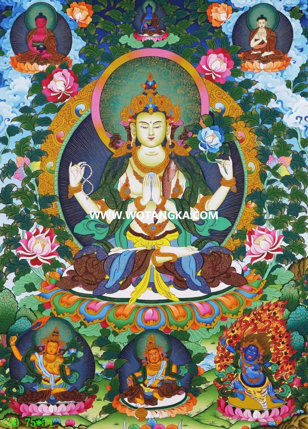 编号138-648219：彩绘唐卡-四臂观音·三怙主（75*54CM左右）