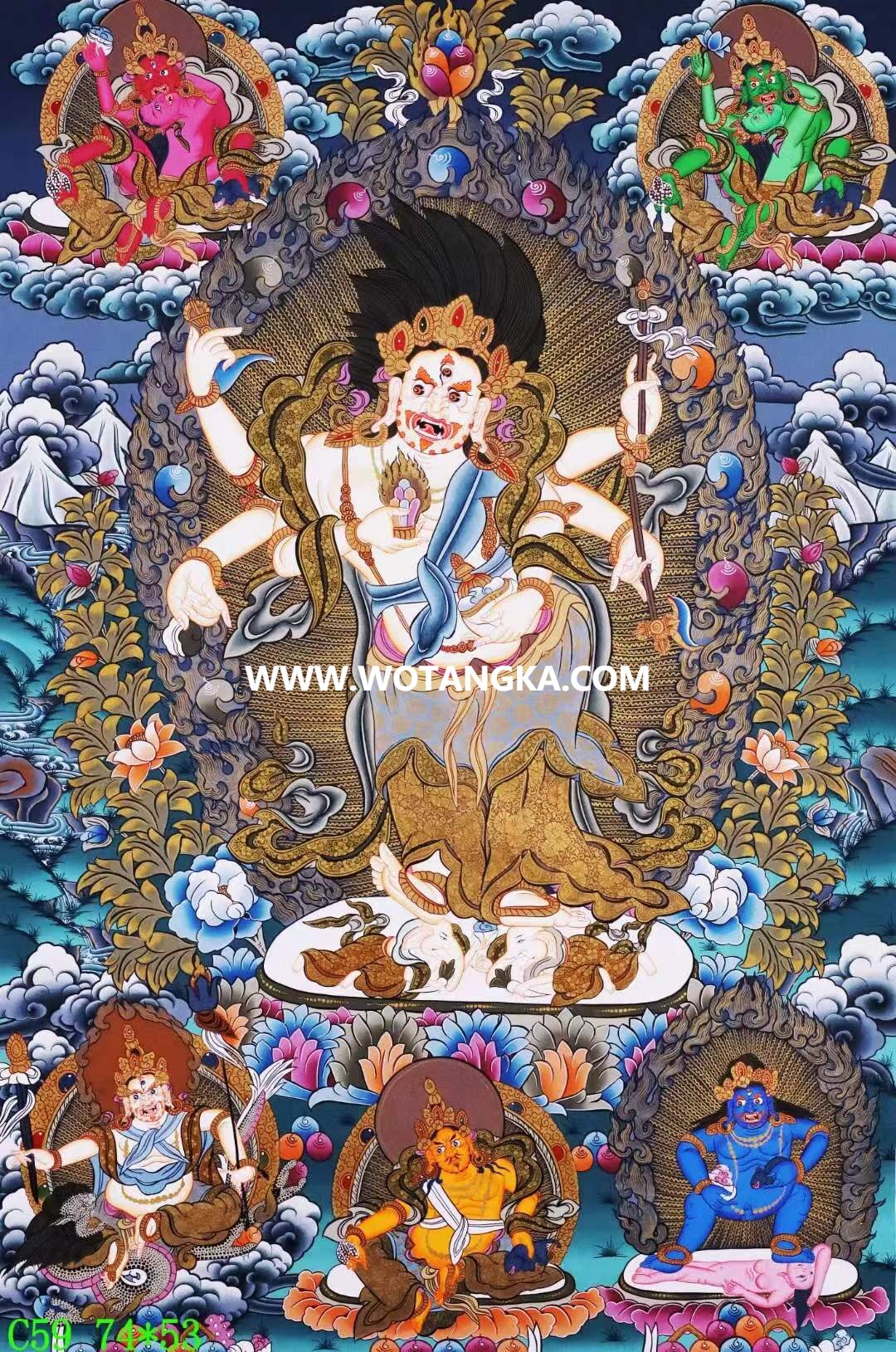 编号138-671139：彩绘唐卡-白六臂玛哈嘎拉·五方财神（74*53CM左右）