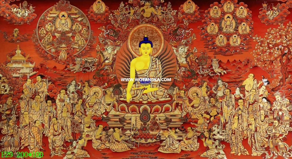 ｜已结缘·可定制｜唐卡寄卖编号：JM·138-937641-释迦牟尼佛三大法界十八罗汉吉祥智慧听法供养图（红唐）
