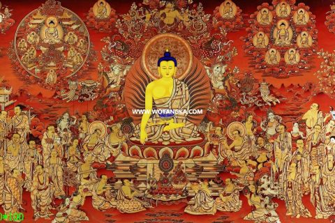 ｜待结缘·可恭请｜唐卡寄卖编号：JM·138-937641-释迦牟尼佛三大法界十八罗汉吉祥智慧听法供养图（红唐）