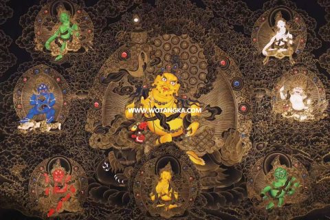 编号138-985138：黑金唐卡-财宝天王·五方财神（86*118CM左右）