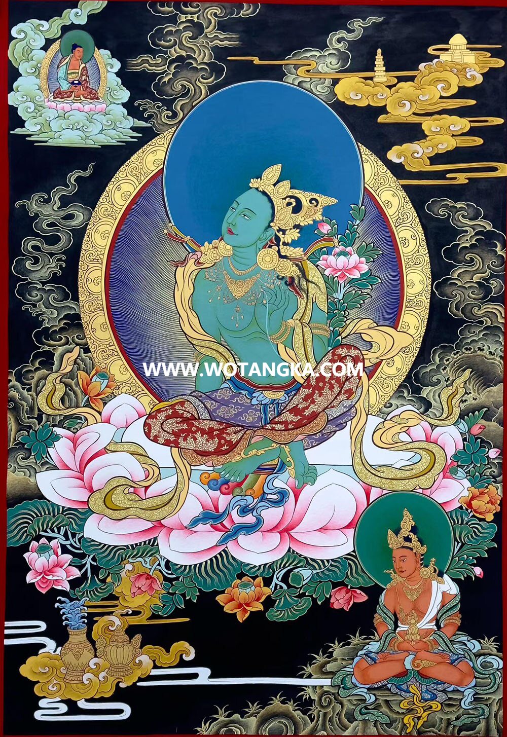 热贡-桑杰丹增·画院:黑金唐卡-绿度母(60*45CM左右)