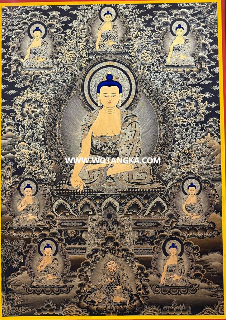 热贡-桑杰丹增·画院：黑金唐卡-药师佛·药师七佛（100*70CM左右）