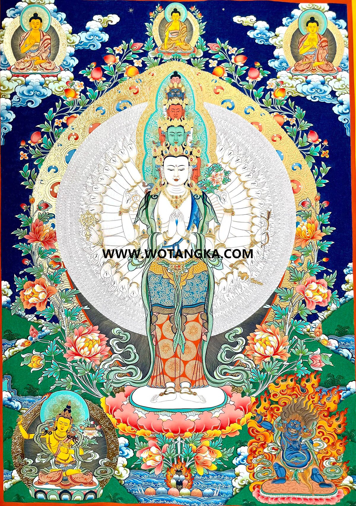 编号189-496635:彩绘唐卡-千手观音·三怙主(100*70CM左右)