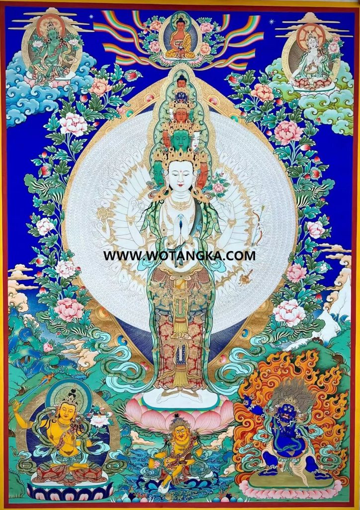 ｜已结缘·可定制｜唐卡寄卖编号：JM·189-586179-千手观音三怙主天界二度母吉祥如意财富供养图（彩唐）