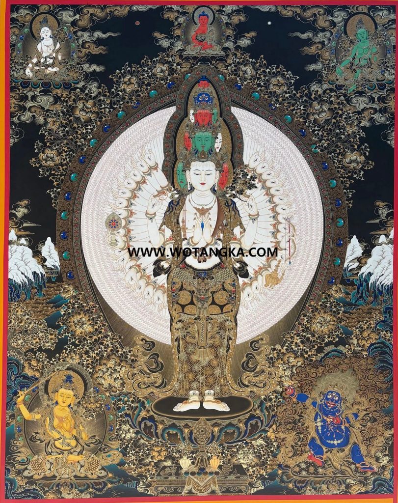 热贡-旦本加·画院：黑金唐卡-千手观音·三怙主（100*70CM左右）