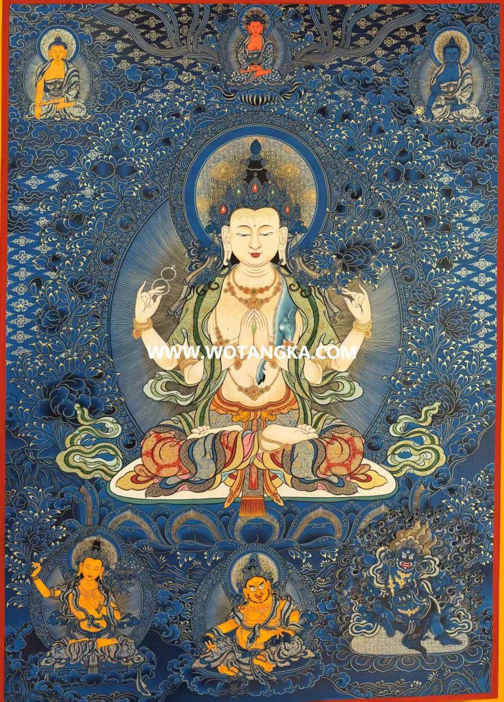 沃唐卡·承福画院：蓝金唐卡-四臂观音（100*70CM左右）