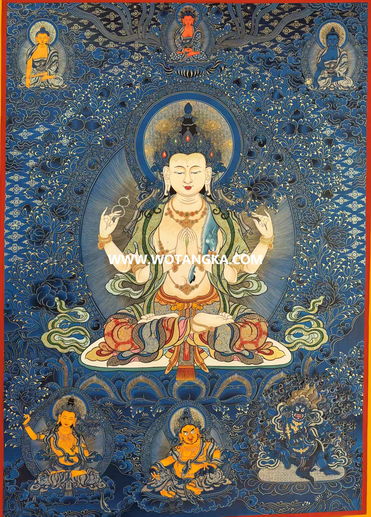沃唐卡·承福画院:蓝金唐卡-四臂观音(100*70CM左右)