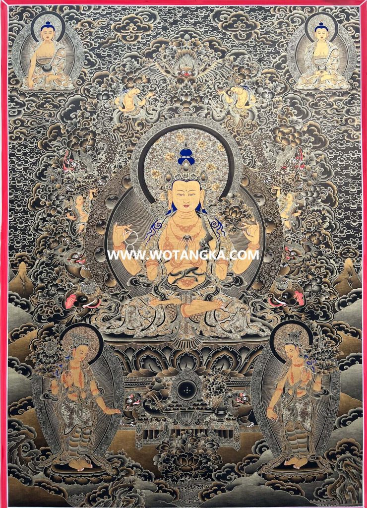 编号198-149616：黑金唐卡-四臂观音（100*70CM左右）