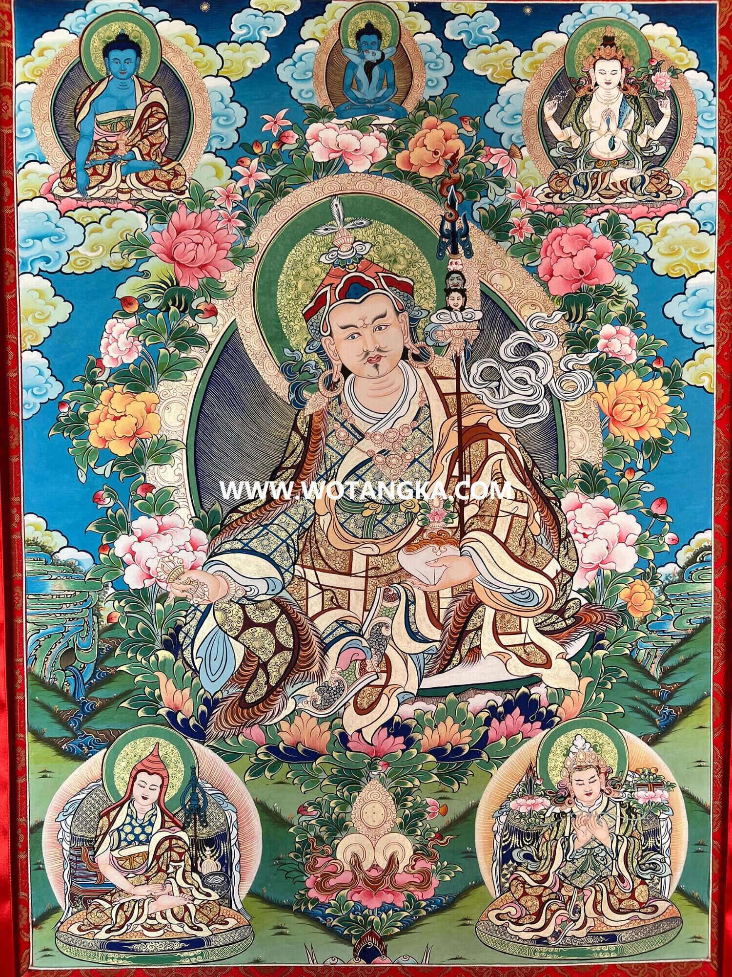 ｜待结缘·可恭请｜唐卡寄卖编号：JM·198-162926-莲花生大师三尊三本师智慧本尊供养图（彩唐）