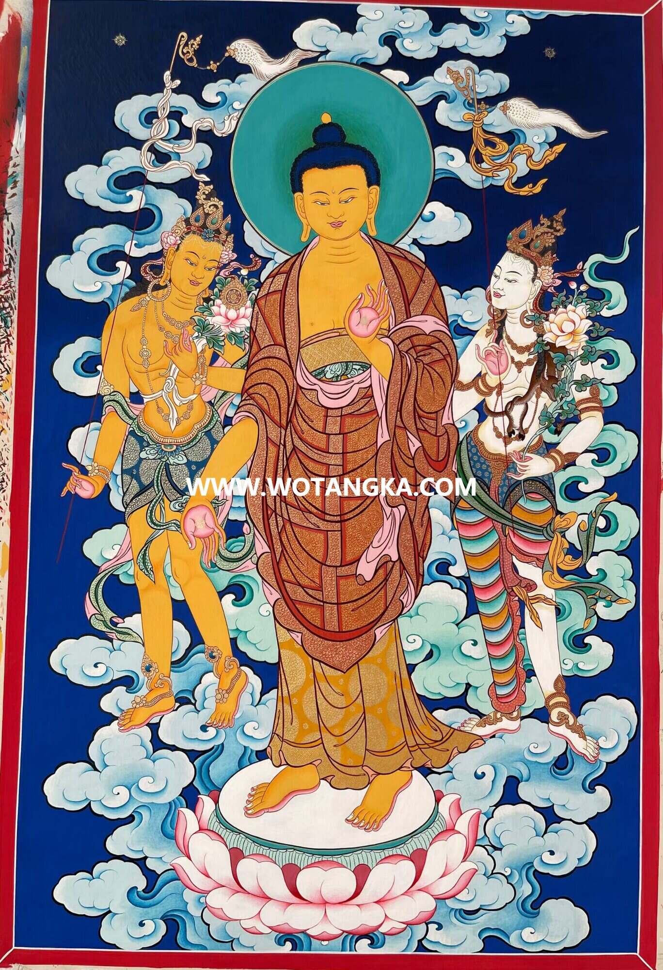 |待结缘·可恭请|唐卡寄卖编号:JM·198-163563-释迦牟尼佛二菩萨殊胜庄严供养图(彩唐)
