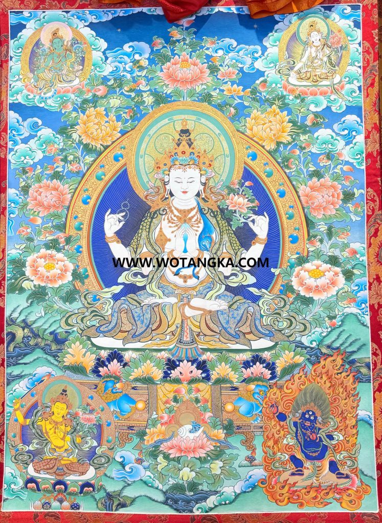 ｜待结缘·可恭请｜唐卡寄卖编号：JM·198-409385-四臂观音三怙主二度母平安吉祥供养图（彩唐）