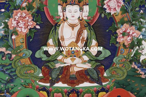 沃唐卡·觉蝉印坊微喷唐卡编号ZC71132：四面大日如来三世佛花轮天伞盖吉祥平安如意供养图