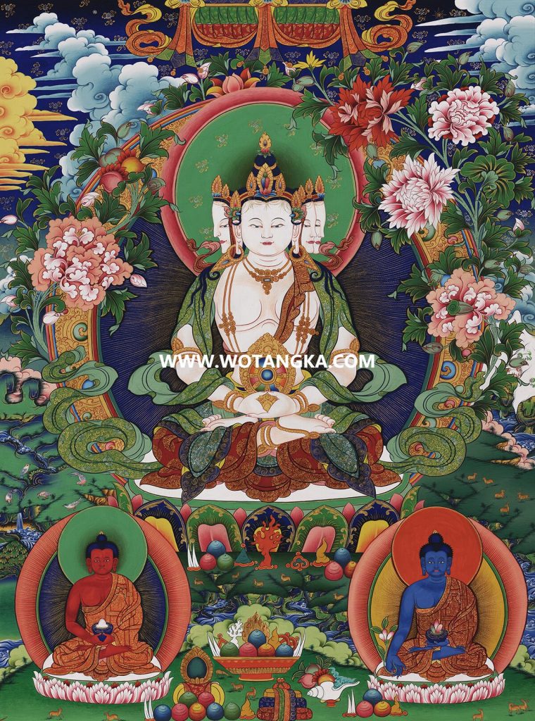 沃唐卡·觉蝉印坊微喷唐卡编号ZC71132：四面大日如来三世佛花轮天伞盖吉祥平安如意供养图
