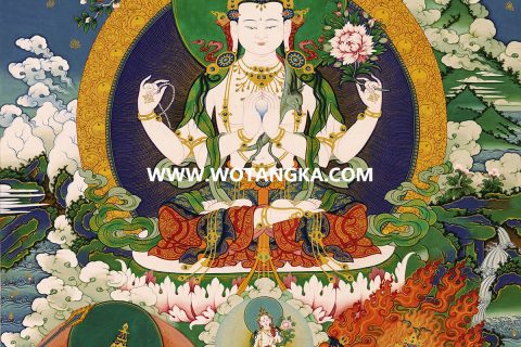 沃唐卡·觉蝉印坊微喷唐卡编号ZC71134：四臂观音雪域三怙主莲开白度母吉祥智慧供养图